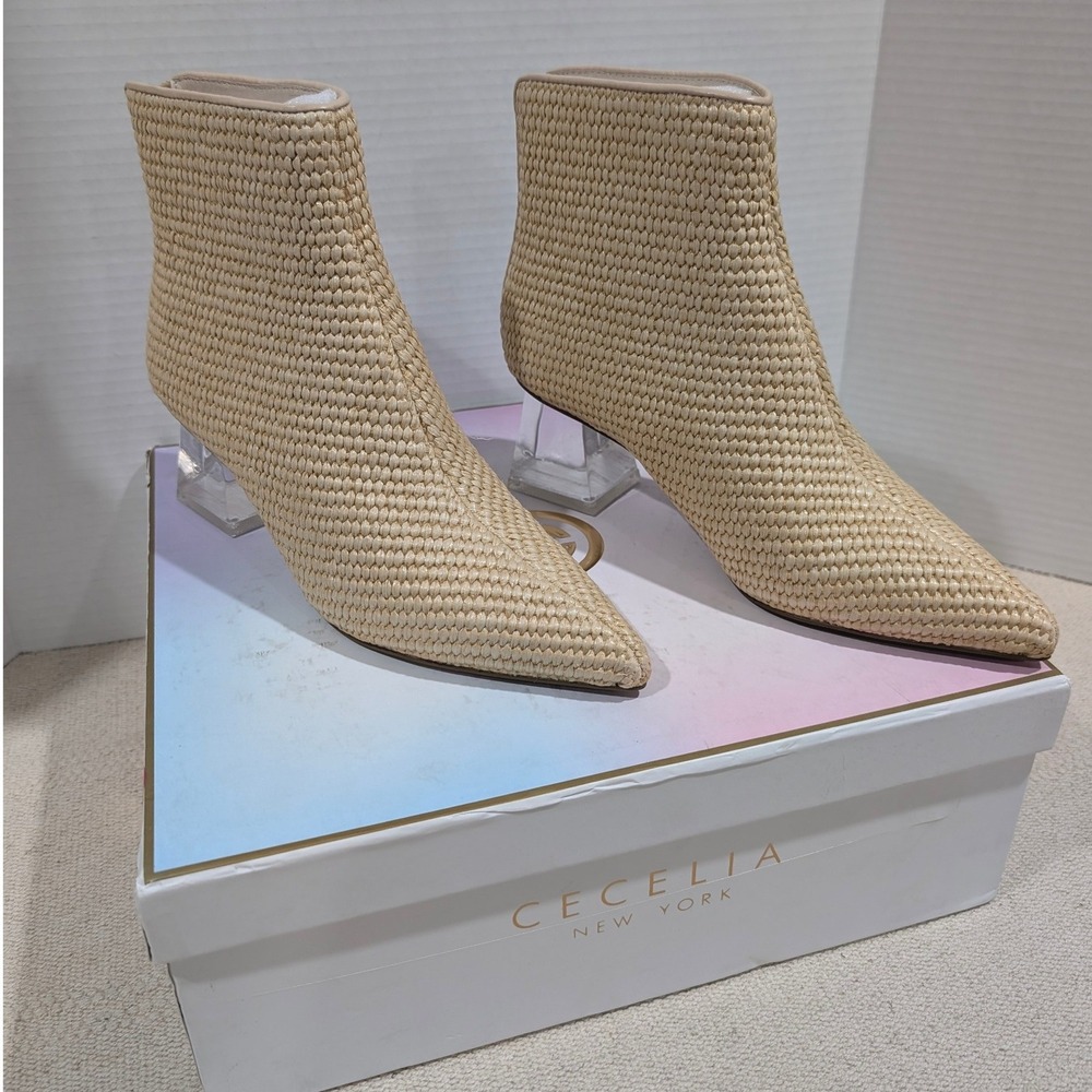 Cecelia New York Natural Woven Pointed Toe Clear Block Heel Bootie 6.5M - Picture 2 of 14